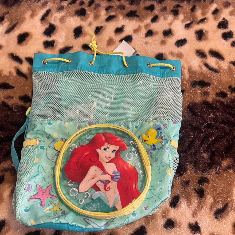 Ariel Themed Kids Mesh Beach Bag - Teal and Yellow